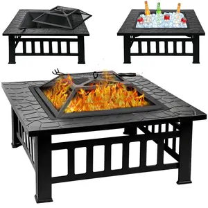 32-Inch Black 3-in-1 Metal Square Fire Pit Table - Cool Outdoor Furniture, Includes Fire Poker & Spark Screen, Portable Patio Heating Stove with Accessories for Camping, Backyard