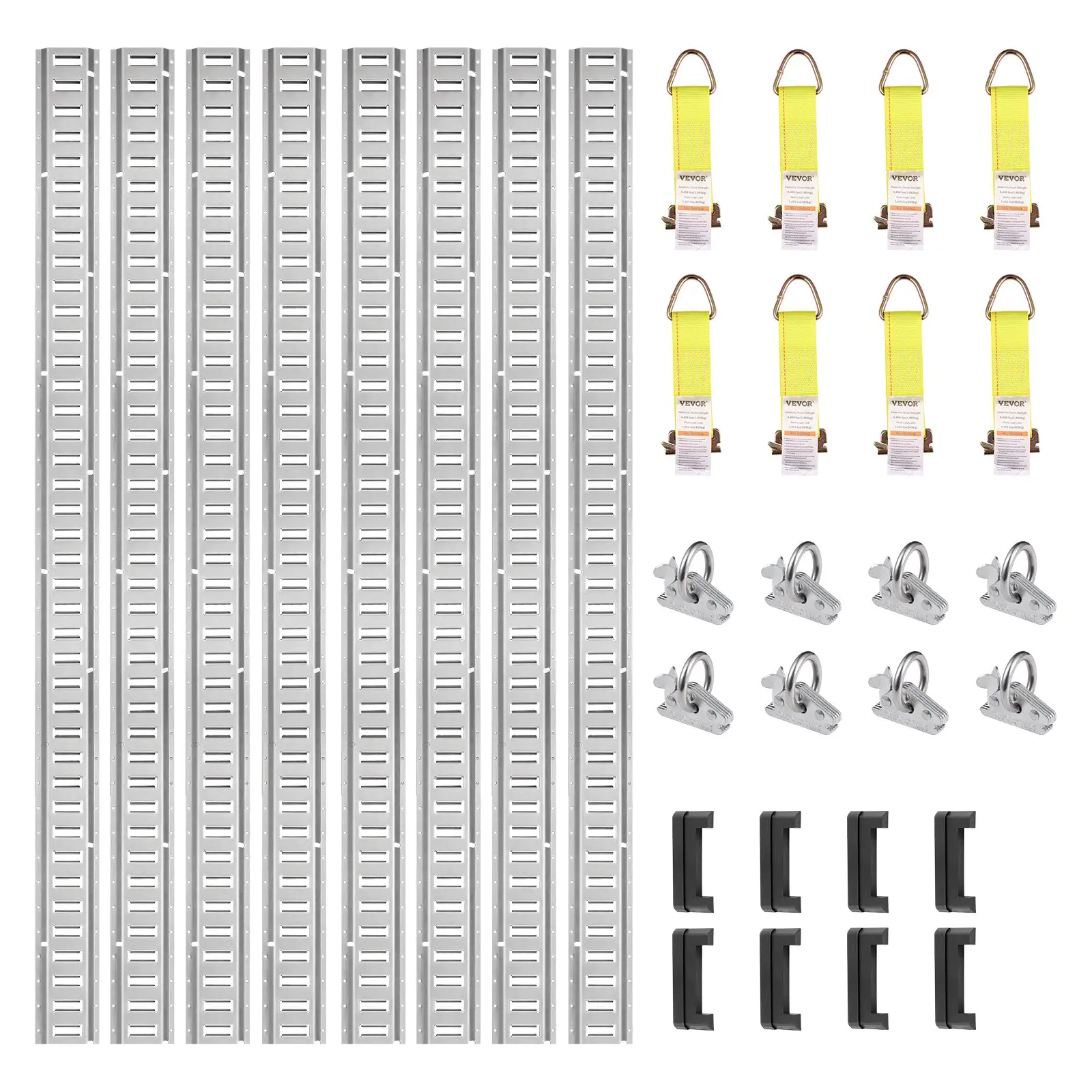 【summerfinds】VEVOR E Track Tie-Down Rail Kit, 34PCS 5FT E-Tracks Set Includes 8 Steel Rails & 2 Single Slot & 8 O Rings & 8 Tie-Offs w/D-Ring & 8 End Caps, Securing Accessories for Cargo, Motorcycles, and Bikes