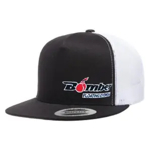 FLAT BILL BLACK & WHITE SNAPBACK TRUCKER HAT WITH BOMBER LOGO Adjustable Five Panel