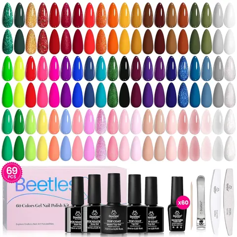 Beetles Durable UV Gel Nail Polish Set - 69PCS 60-Color Christmas Cosmetic Kit with Base Coat, Glossy-Matte Top Coat, White Glitter, Red, Green, Brown, Blue, Nude, Pink Gel for Daily Manicure, DIY Nails Inspo at Home Gift for Women