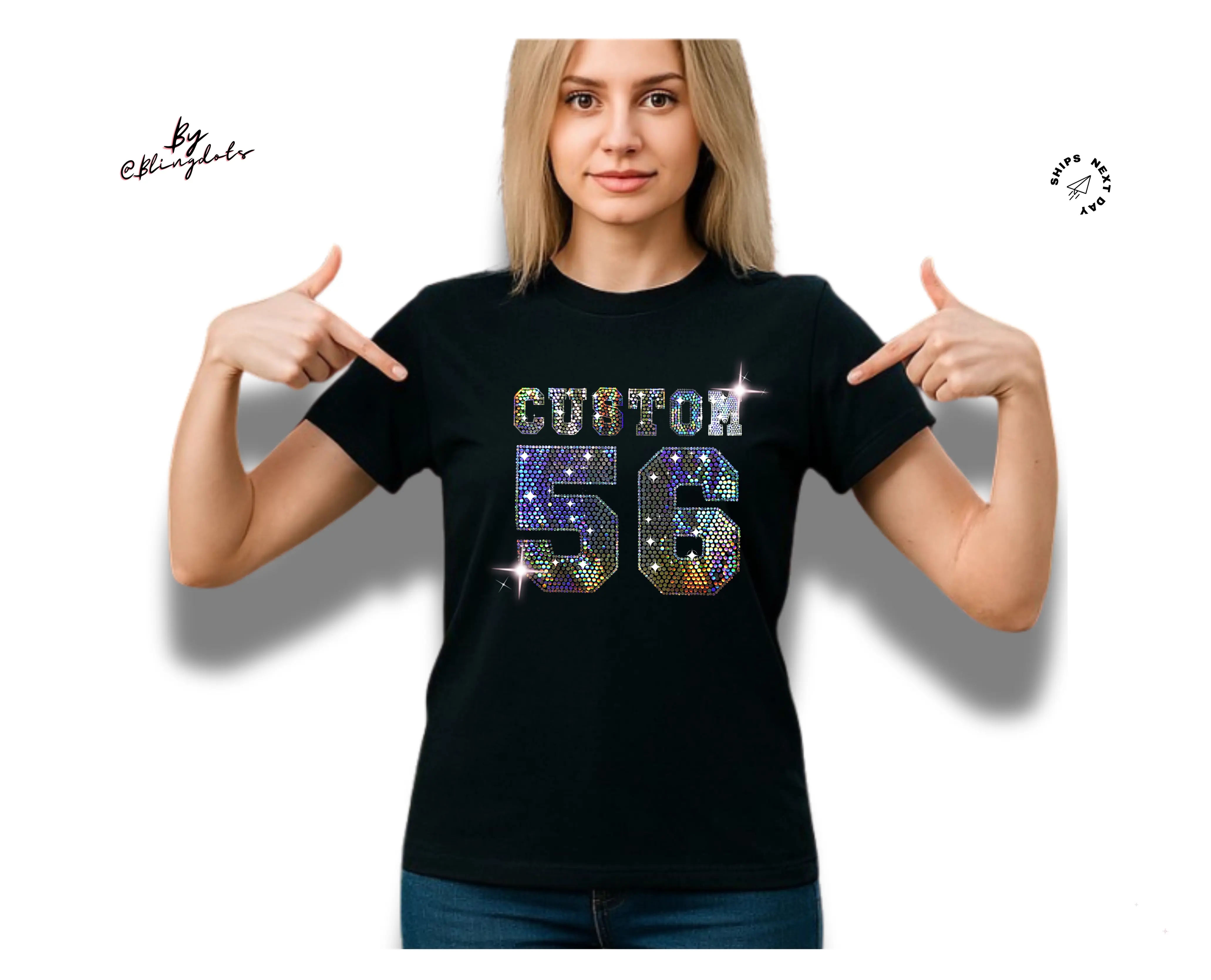 Personalized Name & Number Bling Shirt Custom Glitter Tee Sparkling Event Apparel for All Seasons Ultra-Bling Holographic Sequins Fast Shipping shirts  women