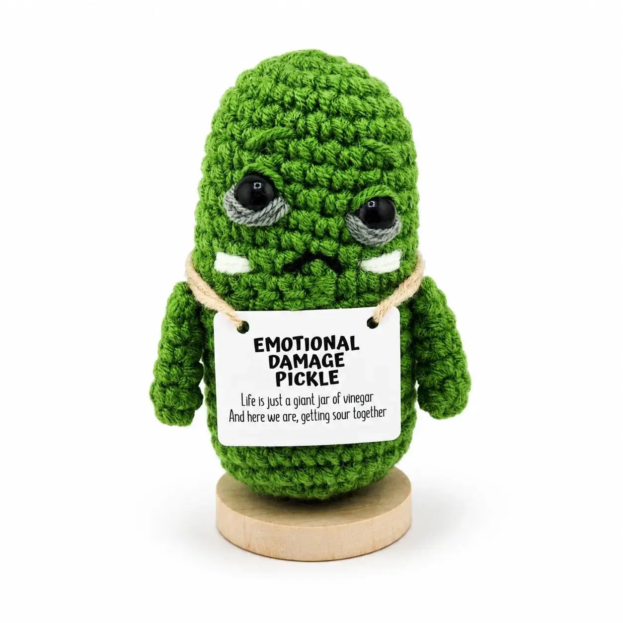 Matterscavia Emotional Damage Pickle Crochet Decor, 3.54 Inch Funny Gift with Wooden Stand, Cute Handmade-Style Crochet Pickle Desk Decor, Funny Encouragement Gift for Friends, Coworkers, Family animal