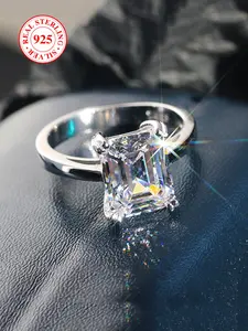 925 Sterling Silver Luxury Square Artificial Zircon Ring, Gorgeous Engagement Ring, Jewelry Accessories for Women, Gift for Girlfriend, Best Friend with Box, Emerald Cut Solitaire Ring