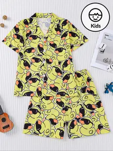 Children's pajamas set, Pajama lounge sets, short-sleeved shorts casual set, boys medium and large party pajamas, cartoon little yellow duck printing, machine washable, wearable outside party home clothes pajamas 2 pie