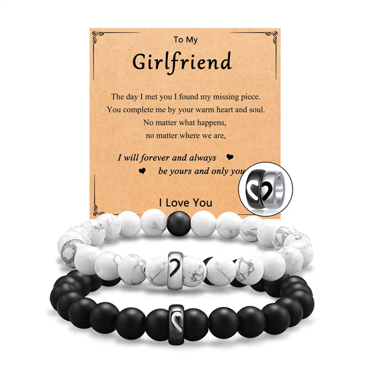 Couple bracelet, black and white natural beaded bracelet, suitable as a gift for girlfriend, boyfriend, husband, or wife, for anniversaries and Valentine's Day.