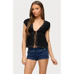 Edikted Women's Sepede Lacey Pearl Tie Front Top