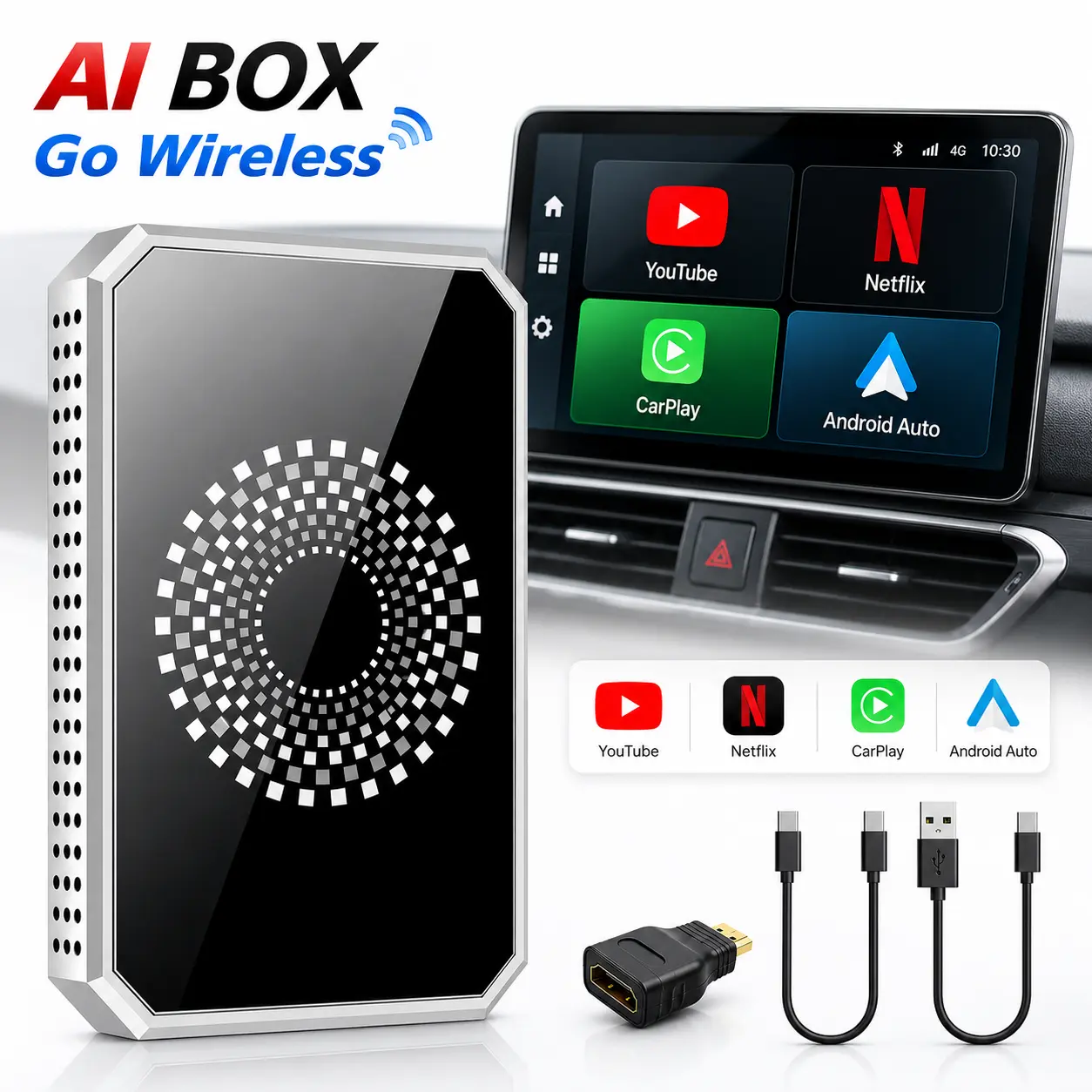 Wireless CarPlay Adapter with Android Auto, Android 13 AI Box for CarPlay, Netflix YouTube Compatible, 4K HDMI, Plug and Play Car Multimedia Box