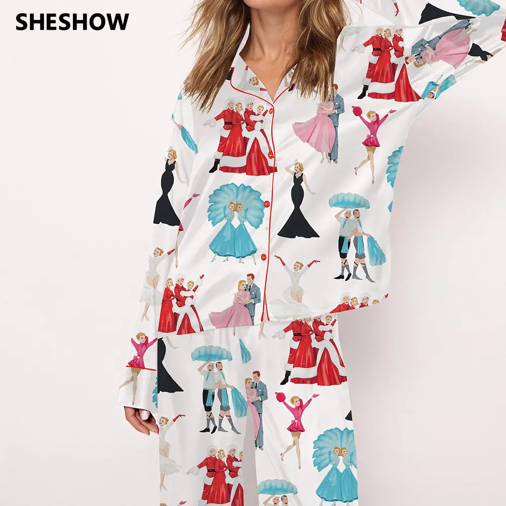 White Christmas Satin Pajama Set For Women Print Comfy Satin Sleepwear & Loungewear Pjs Printing Short Sleeve Top & Shorts - SHESHOW