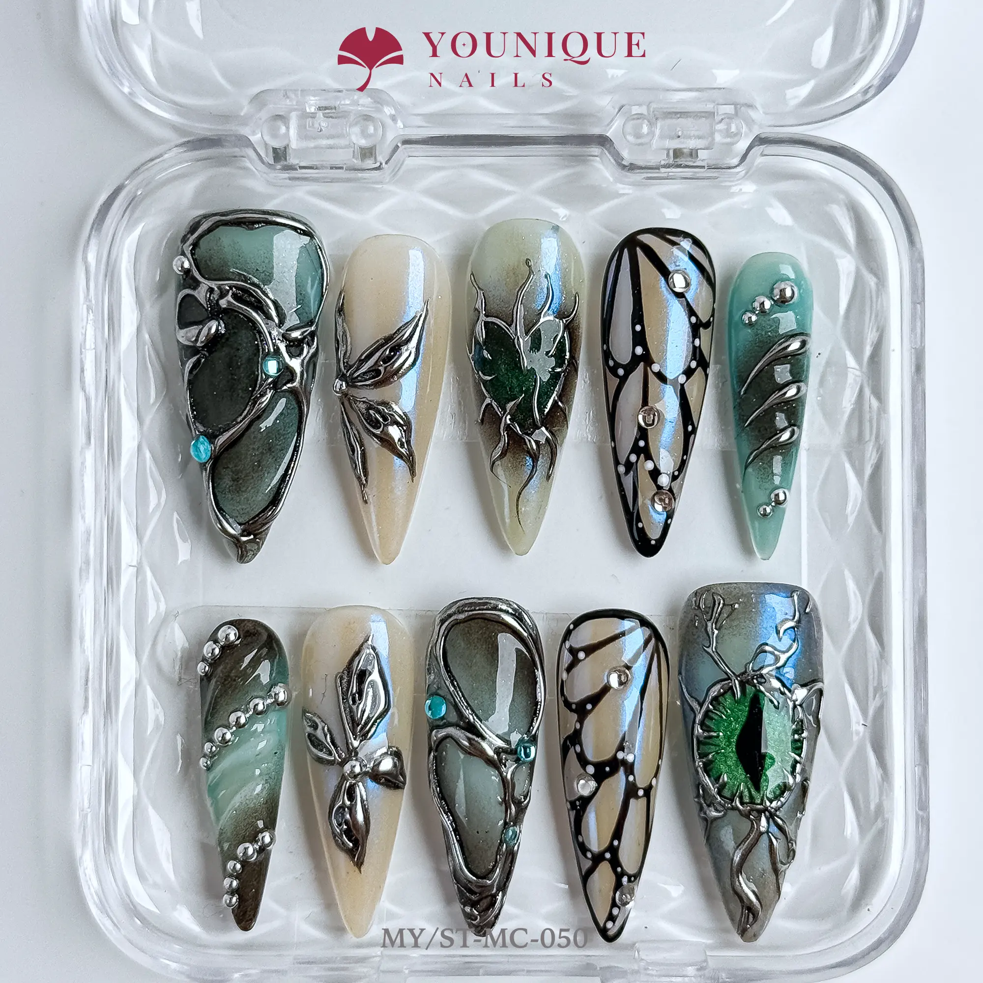 Younique Nails  | 10PCS 100% Handmade Press-On Nails | Reusable Colorful Art Glossy Design Acrylic Luxury Long Lasting 3D Stylish Office Wear Floral Embellished Rhinestone salon-quality