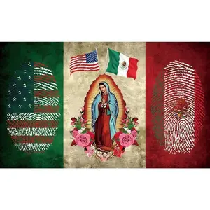 Mexican American Flag Tapestry - 3x5 Ft Artisan Mexican Christian Motif Linen-Cotton Banner, Light Indoor-Outdoor Decorative Wall Art, Gift for Boyfriend, Banners