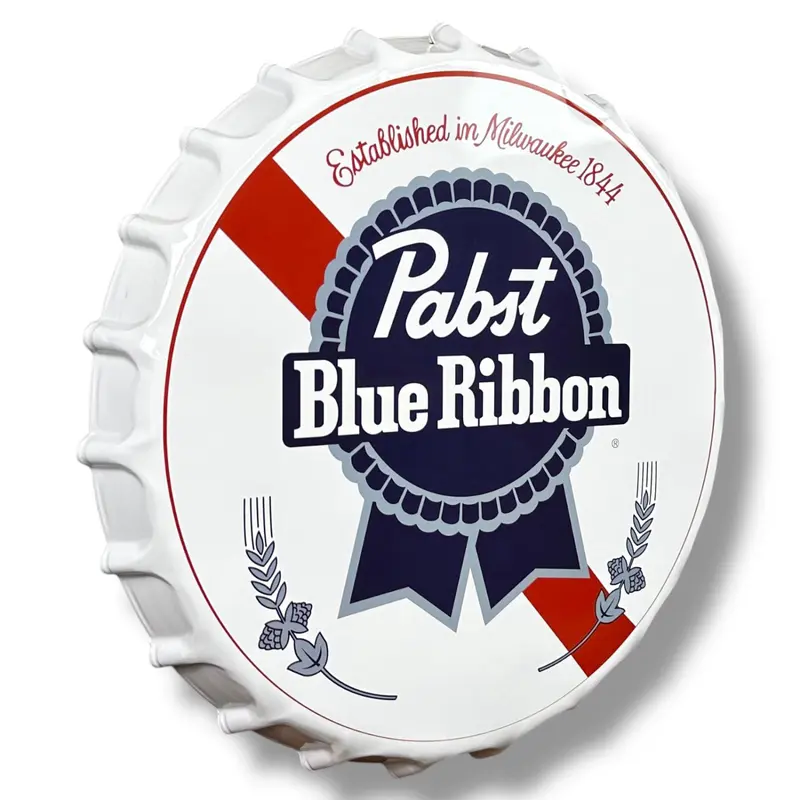 Pabst Blue Ribbon PBR Beer 16" Diameter Bottle Cap Metal Wall Sign, Retro Vintage Plaque Decor, Raised Edges, Wall-Mountable Home Decor Products, Home Decoration