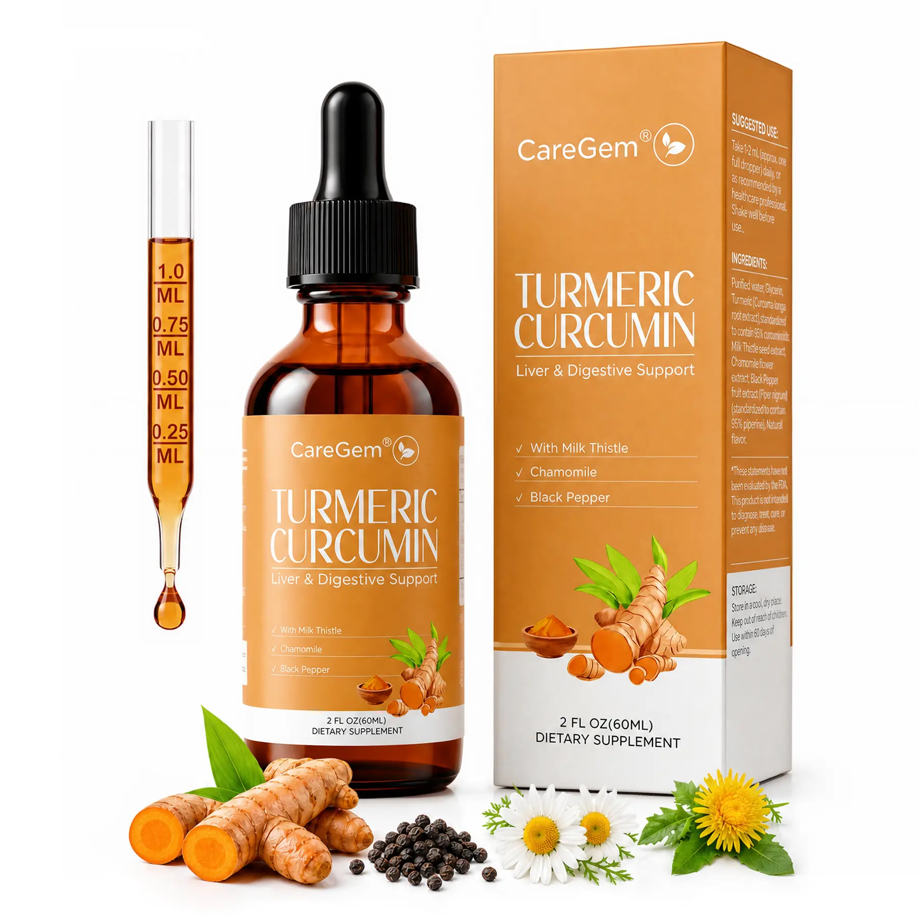 CareGem 2026 Upgrade Turmeric Curcumin Complex Liquid Drops - High-Absorption Herbal Blend with Black Pepper & Ginger - Orange Flavor 2 fl oz - Daily Liver Support & Joint Health - Dietary Healthcare Supplement for Fitness & Wellness