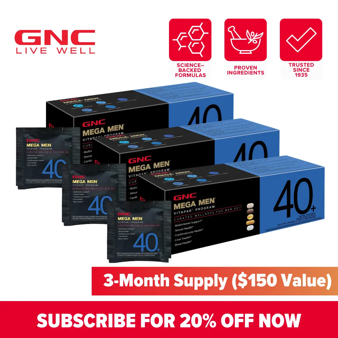 GNC 3-Pack Bundle: Mega Men's 40+ Vitapak for Daily Vitamin Needs, Stress & Bone Support, Skin Protection, 5-in-1 Formula, 30 Count, Supplements - Dietary