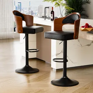 Swivel Bar Stools Set of 2 Seat Adjustable Height 24.5-33.5IN, Wooden Barstools PU Leather Upholstered Bar Chairs with Back & Footrest for Bar Kitchen Dining Room