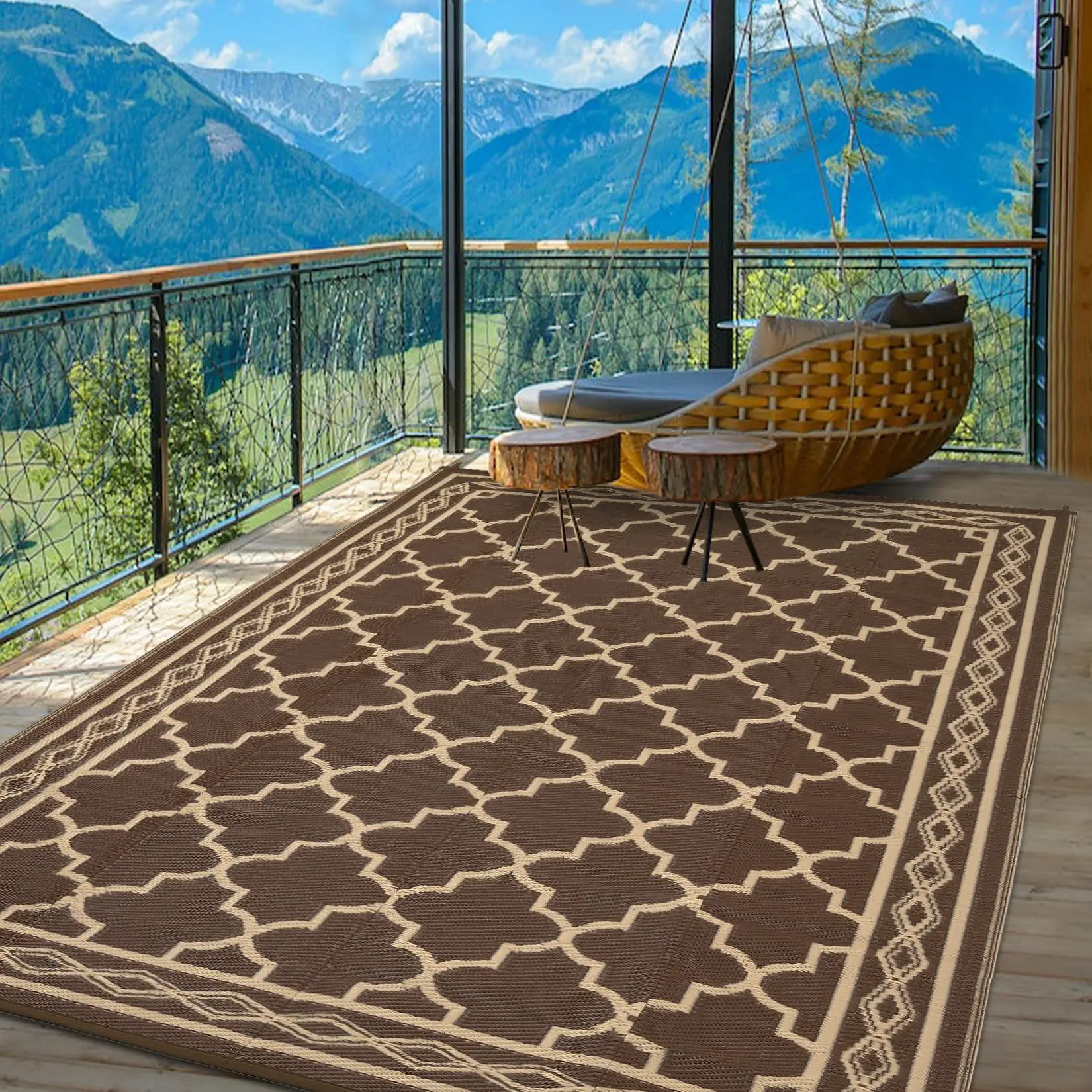 GARVEE 8x10ft Outdoor Patio Rug, Large Waterproof Reversible Carpet for Deck Backyard Balcony, Plastic Straw RV Camping Mat Easy Clean,Brown/Coffee