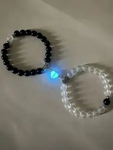 Natural Crystal Moonstone Obsidian Bracelet, Moonstone Crystals, Couple Jewelry, Glow-In-The-Dark Magnetic Heart Bracelet, Valentine's Day Gift