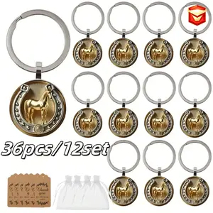 Gold Horse Motif Glass Pendant Keychain Set, Fashionable Alloy Keychain, Horseshoe Bag Charm - Lucky Gift for Fashion Accessory Enthusiasts