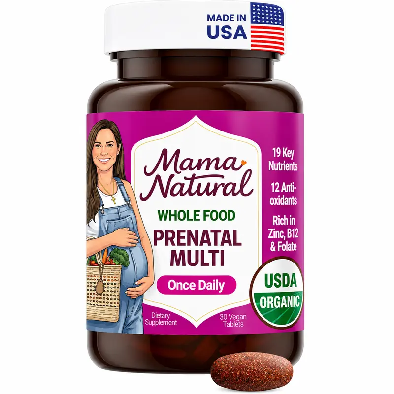 Mama Natural Organic Prenatal Multivitamin Capsules & Tablets, 1 Bottle 30-Count Gluten-Free Vegan Health Supplements, 1 Daily Easy-to-Swallow Food-Based Non-GMO with Folate for Pregnant Women