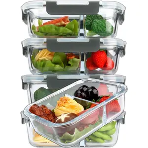 [5-Pack,36 Oz] Glass Meal Prep Containers 2 Compartments Portion Control with Upgraded Snap Locking Lids Glass Food Storage Containers, Microwave, Oven, Freezer and Dishwasher (4.5 Cups)