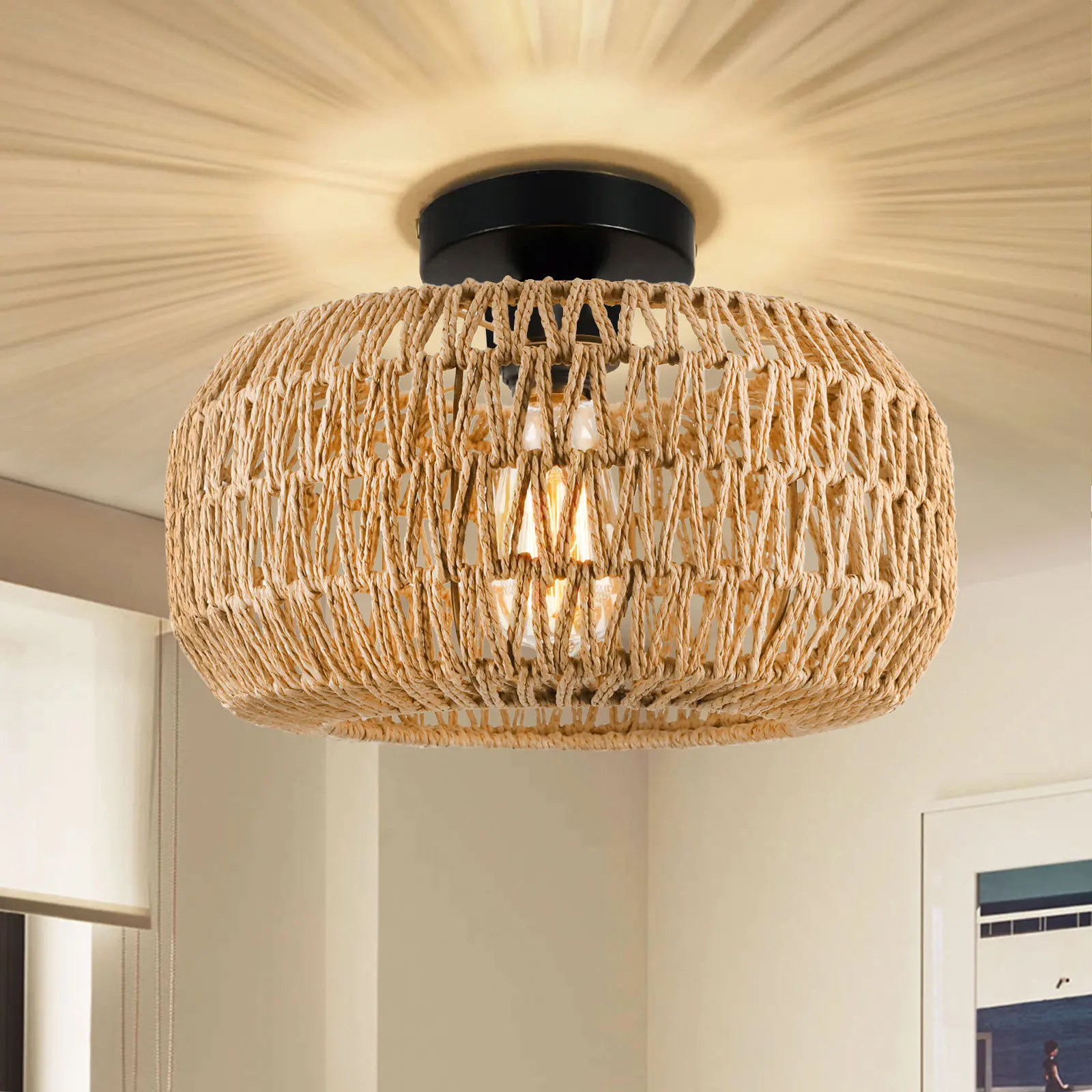 Mini Rattan Chandelier Light Fixture - Hand-Woven LED Indoor Home Decor, Flush Mount Ceiling Lights for Hallway, Bedroom, Home Decor Light