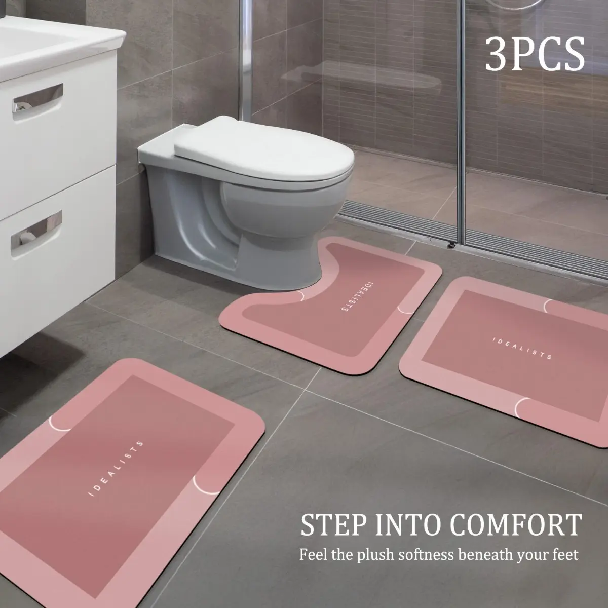 3-Piece Non-Skid Diatomite Bath Mat Set - Geometric Modern Square Diatomite Rug, U-Shaped Toilet Rug, Soft Absorbent, Quick-Suction Rubber Backing, Quick-Drying Bathroom Mat, Quick-Drying Bath Mats