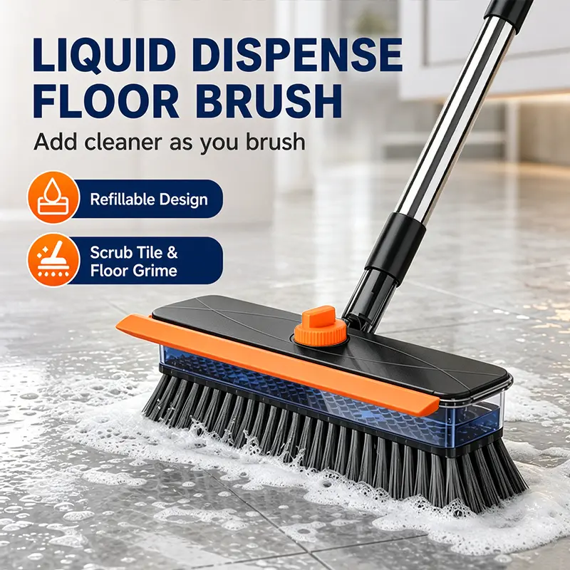All-in-1 Steel Liquid Dispensing Floor Scrubber Brush Squeegee Broom - Household Cleaner, Long Ergonomic Handle, Press-to-Release Soap Tank, Hard Bristles, Stand-Up Design for Tile, Bathtub Cleaner Steel Stainless