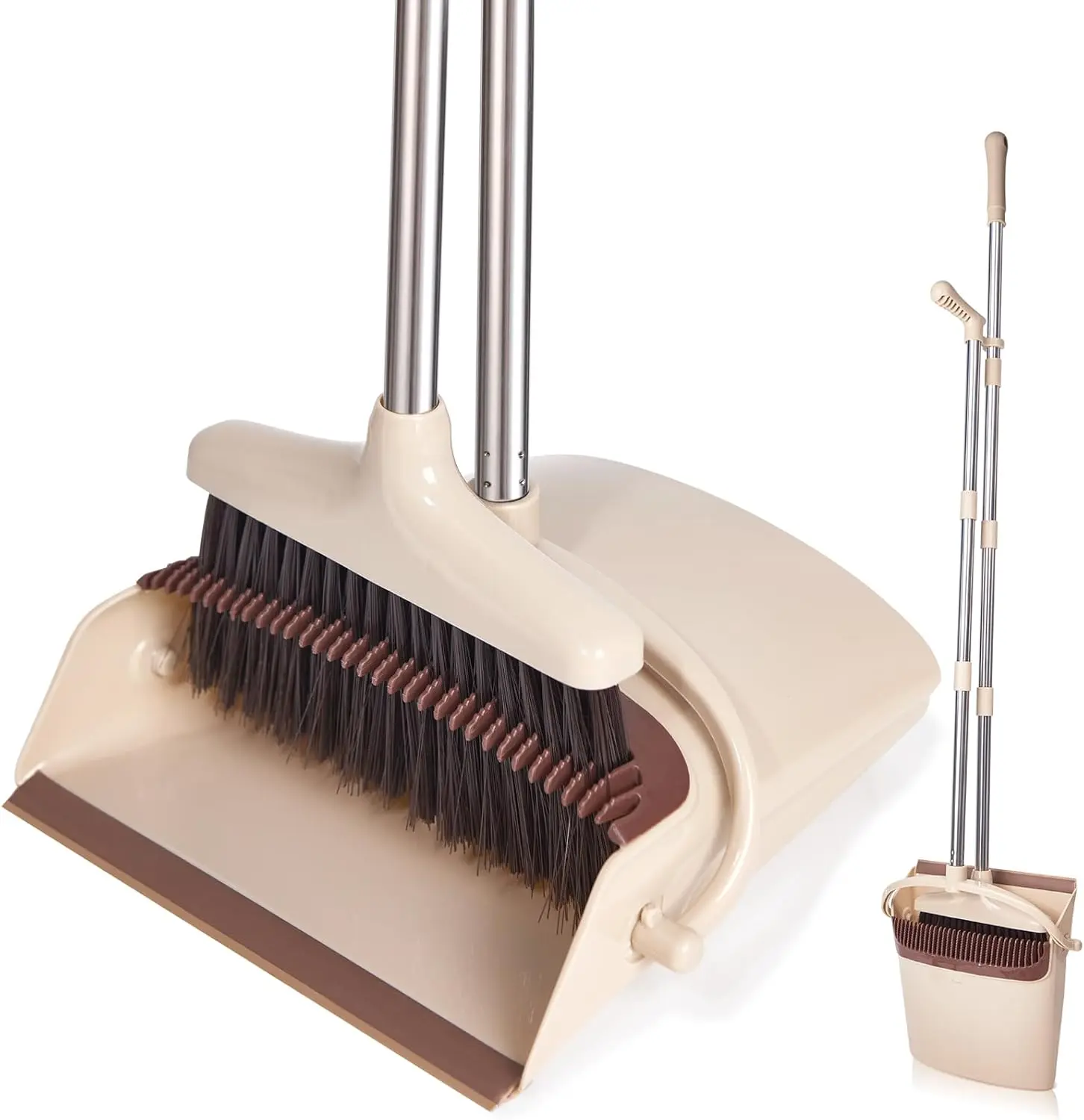 [New Deal]   Broom and Dustpan Set with Long Handle, Light Weight Stainless Steel Poles Stand Upright Dustpans with Broom Combo for Home Kitchen Office Pet Dog Hair, Brown & Beige Color, 1-Pack