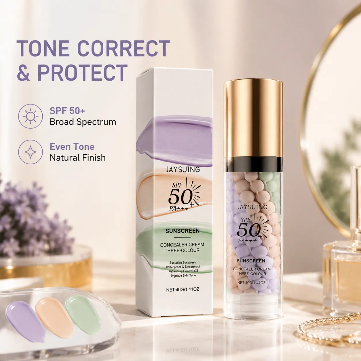 3-In-1 Color Correcting Glow Facial Daily Serum Moisturizing Primer Spf 50 Pa+++ Hydrating Skincare Skin Boosting Enhances Radiance Oil Control and Refreshing Purple Pink and Green Tones