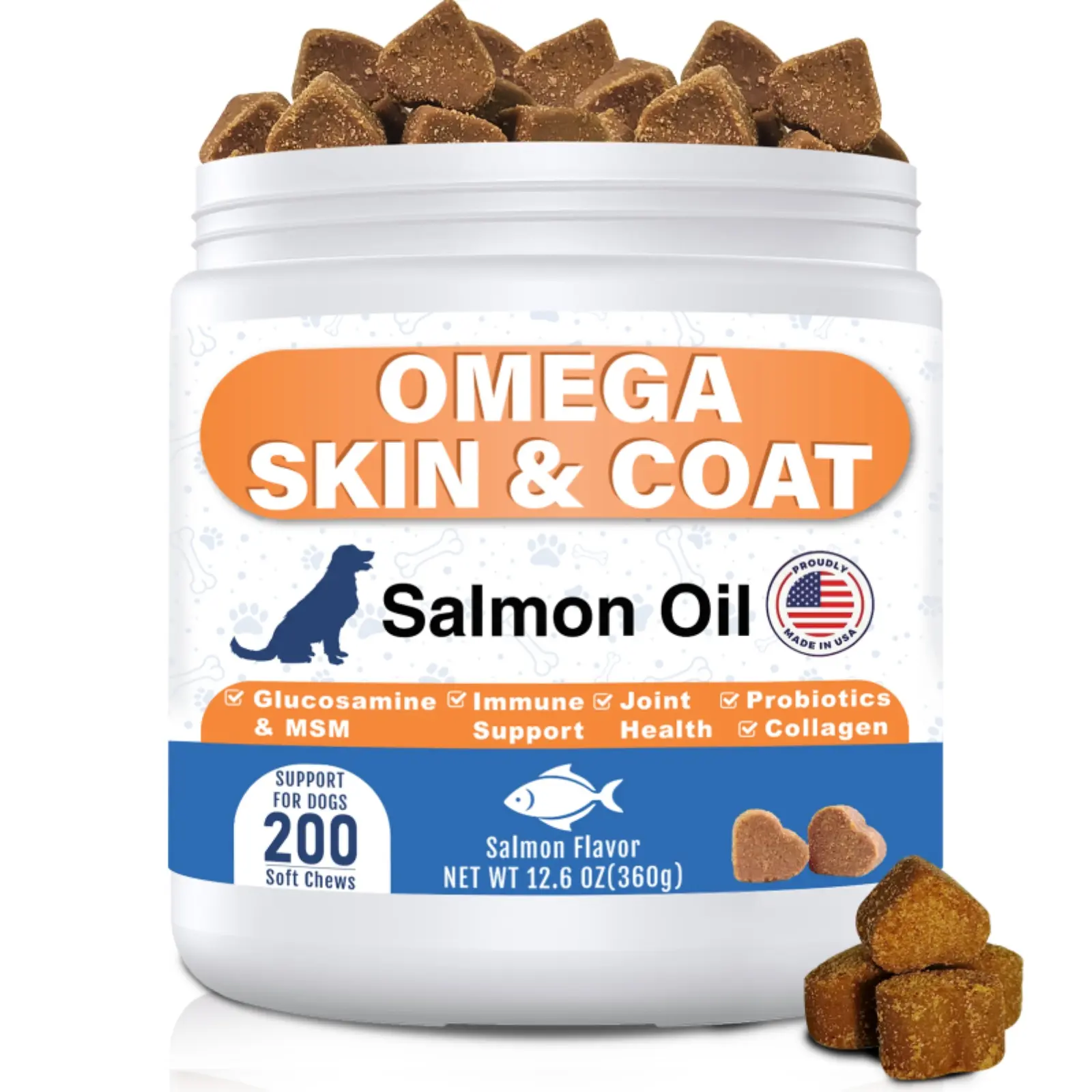 Omega 3 Fish Oil for Dogs - Dog Skin and Coat Chews with EPA & DHA, Wild Salmon Oil, Glucosamine, MSM, Collagen - Pet Fish Oil Supplement to Support Gut, Joints, Heart, Eyes & Immune, 200 Count