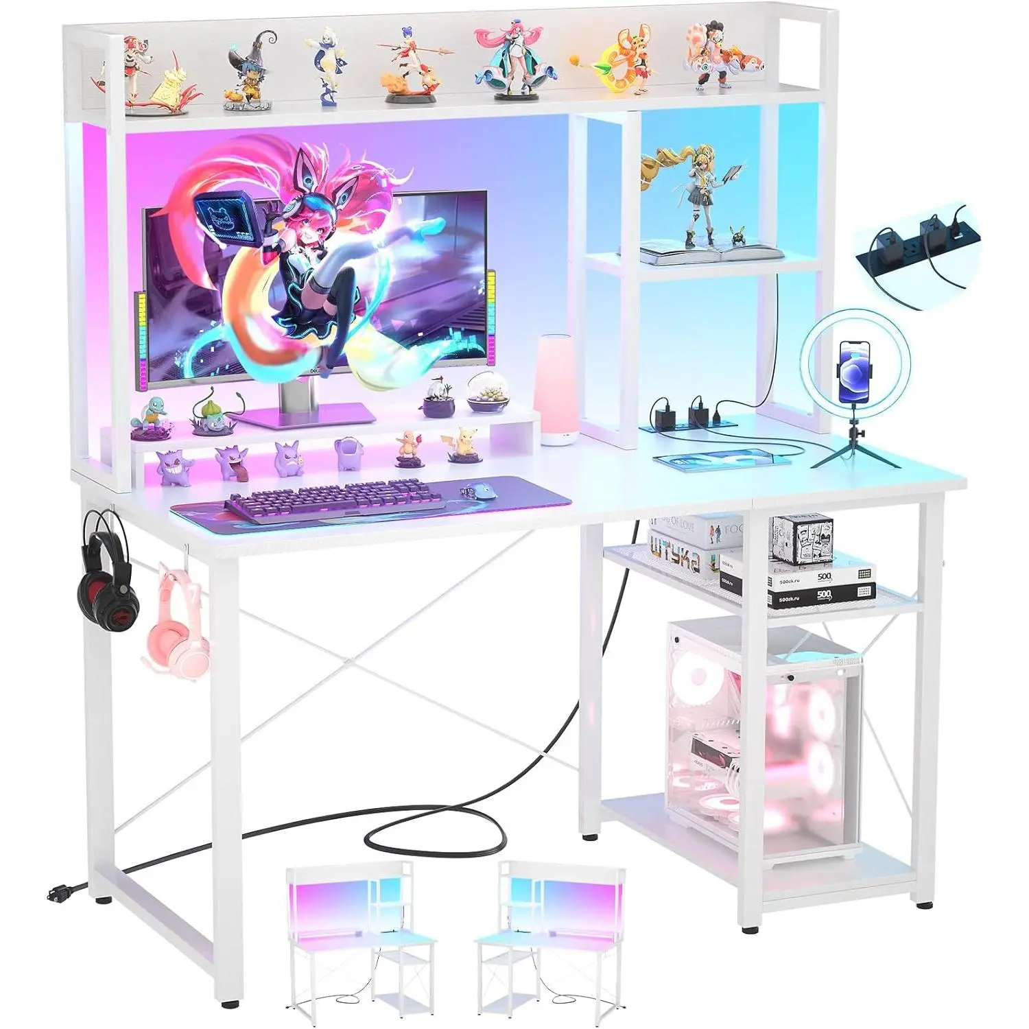 Gaming Desk with Hutch, 39'' Computer Desk with LED Lights & Power Outlets, Home Office Desk with Reversible 5 Tiers Storage Shelves &  Stand, Small Gaming Table for Small Space, White