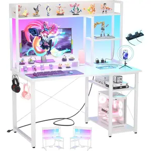Gaming Desk with Hutch, 39'' Computer Desk with LED Lights & Power Outlets, Home Office Desk with Reversible 5 Tiers Storage Shelves &  Stand, Small Gaming Table for Small Space, White