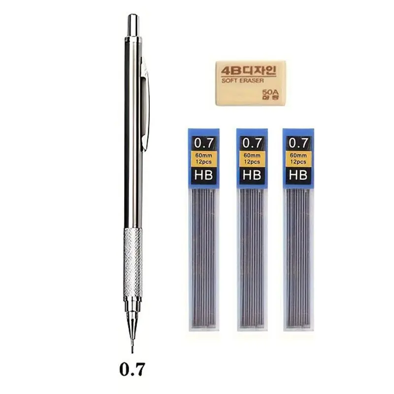 Metal Mechanical Pencil Set (5 Counts), Including 1 Count Pencil, 3 Counts Pencil Leads, 1 Count Eraser, Office School Writing Art Supplies, Mechanical Pencils Set, Stationery Writing Tools