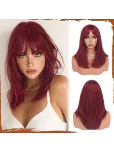 Long Straight Layered Wig Dark Red Burgundy Wigs with Bangs 18 Inch Natural Looking Soft Heat Resistant Heat Friendly Synthetic Medium Length Hair Wigs for Women Daily Party Use
