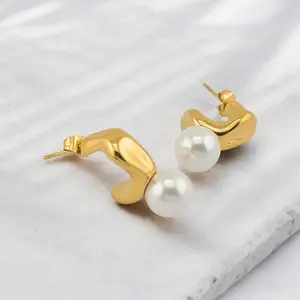 FWJ High Quality Pearl Embellished Stainless Steel Half Hoop Earrings, High Quality Earrings