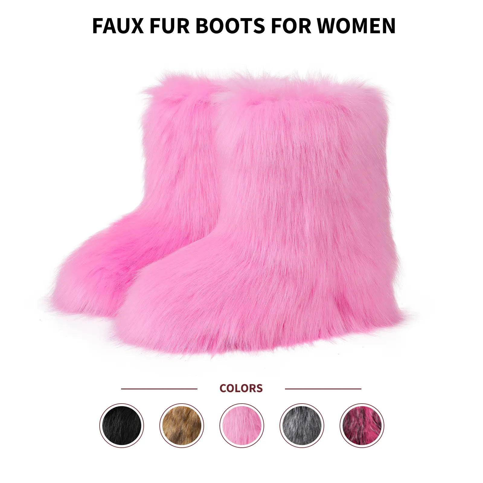 VIMISAOI Women Faux Fur Boots Mid Calf Round Toe Flat Heel Pull On Fluffy Shaggy Fuzzy Warm Cozy Home Apres Ski Bunny Chilly Day Booty Quiet Luxury Soft Aesthetic Style Holiday Outdoor Casual Festival Gift Trendy Comfy Fashion Shoes Summerwins