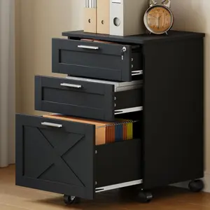 Garvee - 3-Drawer Filing Cabinet with Lock, Mobile Filing Cabinet Under Computer for Home Office, Wooden Storage Organizer for Legal Size Documents, Black Color