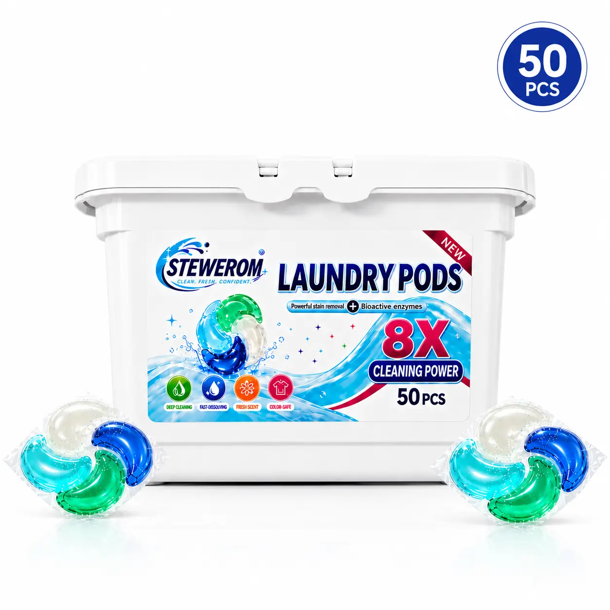 STEWEROM 5-in-1 Laundry Detergent Gel Capsules, 50-Count Coconut Sea Breeze Scent - Comprehensive Laundry Care Pods, Heavy-Duty Stain Remover, Fast-Dissolving, Hand-Gentle, Deep-Clean Toss-and-Wash Formula with Perfume