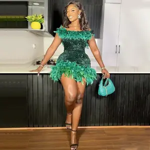 European and American Women's Fashion Summer INS Style Sequin Backless Beach Dress Off-Shoulder Feather Hot Girl Bodycon Dress