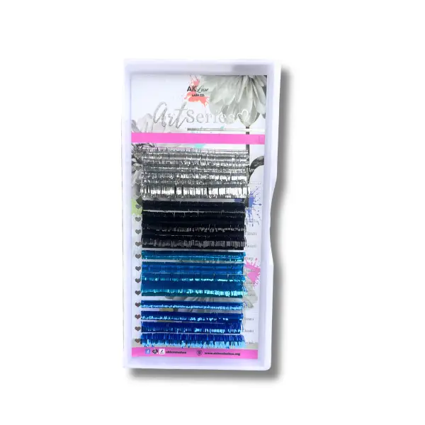 Holographic Tinsel Silver, Black, Blue Lash Extensions Tray for Lash Artists | 0.03 CC Curl | 9–15mm Mixed Lengths | Professional Lash Supplies