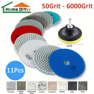 11pcs 4 Inch Diamond Polishing Pads-Diamond Grinding Discs Set With 5/8" 11Backer Pad, Wet/Dry Granite Stone For DrillGrinder, Polisher, 50-6000 Grit Polishing PadFor Concrete Marble Stone CountertopyQuartz