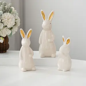 Rabbit shaped animal design home decoration, figurine, white gold ear cute home ceramic porcelain new house entrance party holiday decoration, Easter, Thanksgiving, Christmas