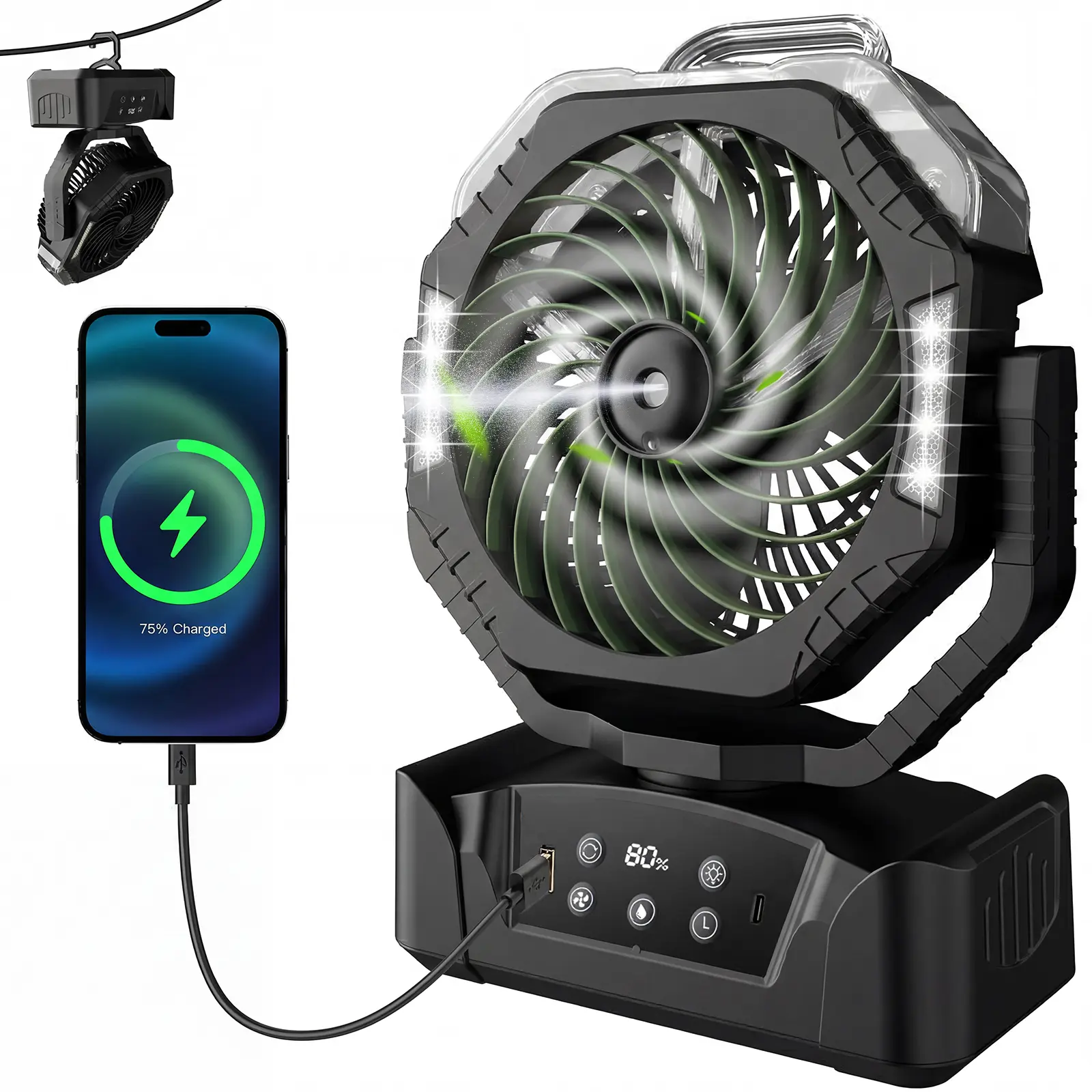 20000mAh Rechargeable Camping Fan with LED Light, Portable Multi-Function Fan with Spray Humidification, Shaking Head Emergency Camping Fan, Wireless Rotation, Battery Powered, Lightweight and Portable#SummerWins