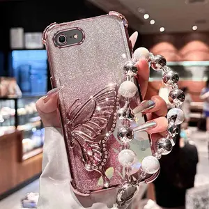 16E Bling Bling Butterfly with Lotus Butterfly PC Fashion Strap Lanyard Phone Holder Case Casing with Protective Impact Resistant Cover Compatible with For iPhone 16e