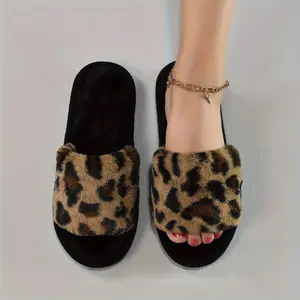 Cozy Leopard Print Women's Slippers - Soft, Warm Fabric Indoor Shoes with Non-Slip EVA Sole, Perfect for All Seasons, Ladies Slippers Girl Footwear Slide Flipflop Coffee Color
