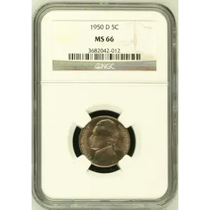 1950 D 5C JEFFERSON FIVE CENTS NGC CERTIFIED COIN MS 66
