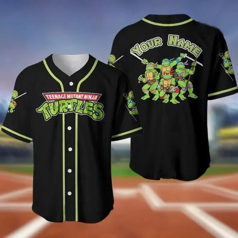 Custom Name Green Cartoon Turtles Baseball Jersey - Personalized Retro Mutant Hero Top