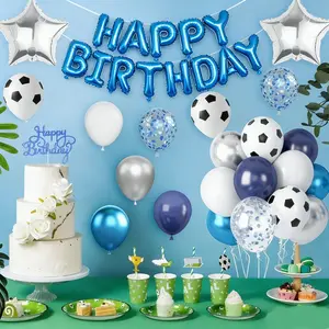 Soccer-Themed Birthday Party Decoration Set, Including Blue and White Balloons, “Happy Birthday” Banner, Cake Topper, and 18-Inch Foil Balloon—Perfect for Sports-Themed Parties for Boys and Girls