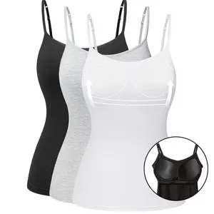 Women's Tank Tops with Built in Bra Scoop Neck Spaghetti Strap Basic Camisole Undershirt Summer Sleeveless Shelf Cami Tanks, Soft Comfortable Womenswear for Daily Wear Vest Casual Breathable Garment Minimalist Adjustable