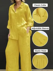 Women's Solid Color Shirt & Wide Leg Pants Set, Casual Fashion Cozy Breathable Two-piece Outfits for Daily Outdoor Wear, Women Clothes for Spring Fall