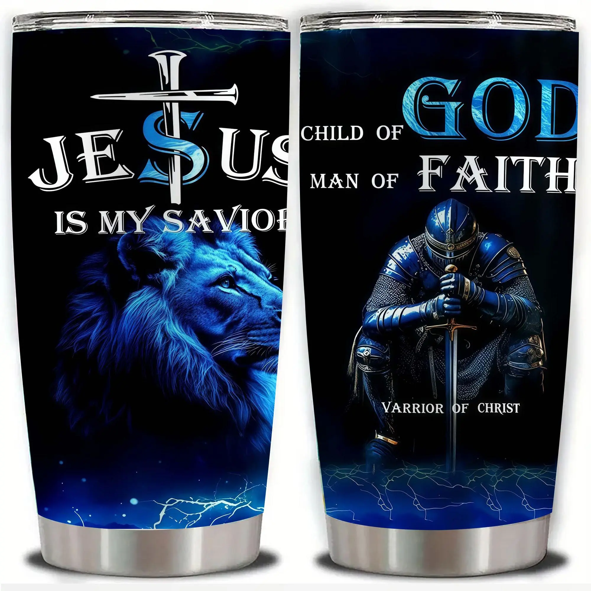 20oz "Jesus is My Savior" Lion and Knight Faith Design Stainless Steel Tumbler, Double Wall Vacuum Insulated Travel Mug with Inspirational Religious Art, Spill Proof Lid and Straw, Perfect Gift for Believers, Ideal for Christmas, Thanksgiving, Valentine's